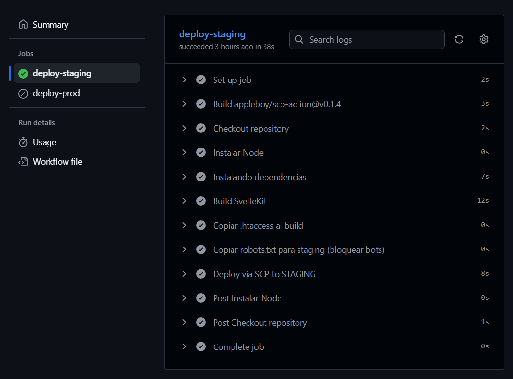Captura de pantalla de GitHub en la sección Actions mostrando la ejecución exitosa del workflow de despliegue.